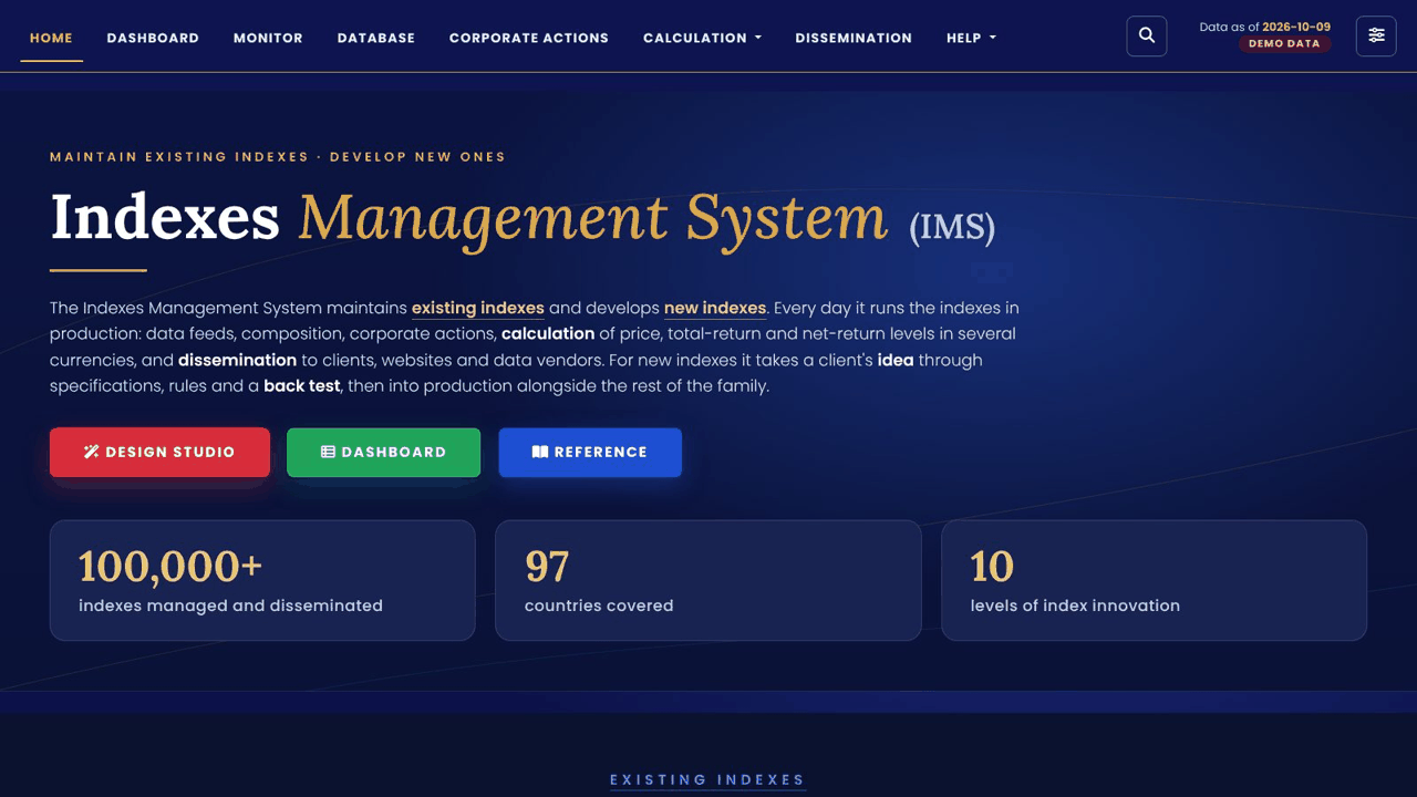 Indexes Management System home screen